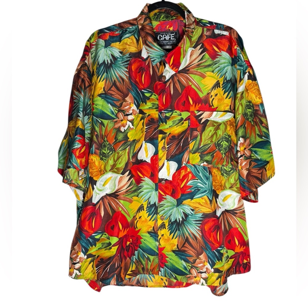 Cafe Styled in italy 100% Silk Colorful Tropical Button Down Measure XXL VTG 90s